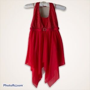 Balera Red Halter Metallic Glitter Sparkle Mesh Handkerchief Dance Dress Child L